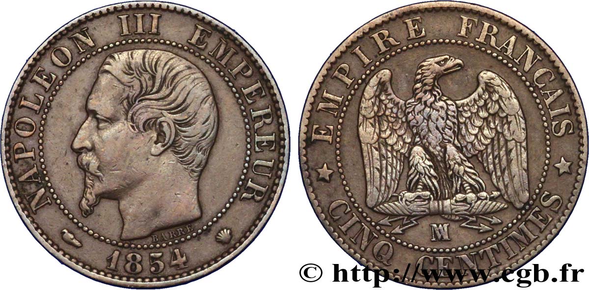 Cinq centimes Napoléon III, tête nue 1854 Marseille F.116/14 TTB45 
