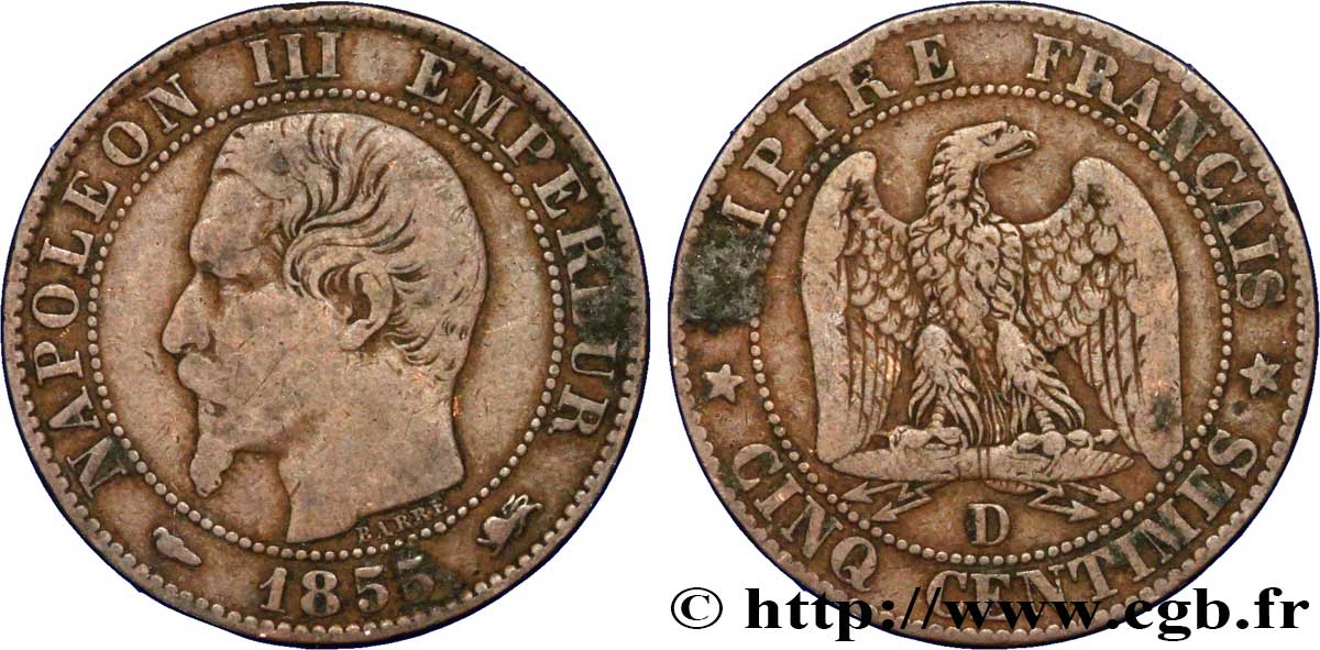 Cinq centimes Napoléon III, tête nue 1855 Lyon F.116/22 VF30 