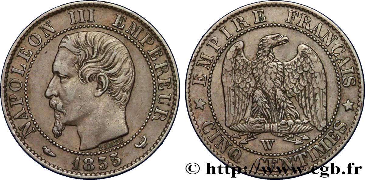 Cinq centimes Napoléon III, tête nue 1855 Lille F.116/28 XF48 