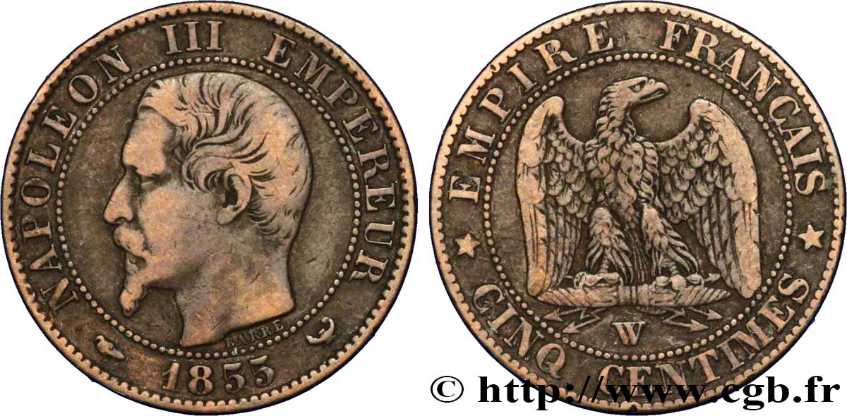 Cinq centimes Napoléon III, tête nue 1855 Lille F.116/28 VF35 