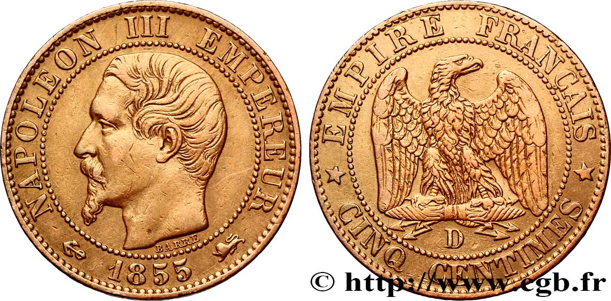 Cinq centimes Napoléon III, tête nue 1855 Lyon F.116/23 TTB48 