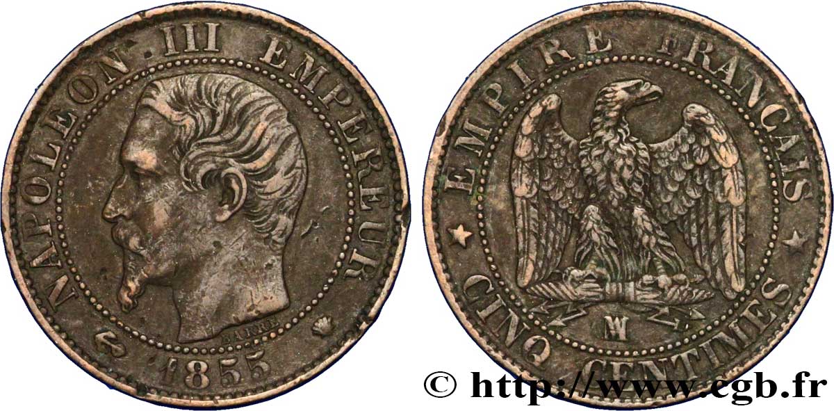 Cinq centimes Napoléon III, tête nue 1855 Marseille F.116/27 MBC48 