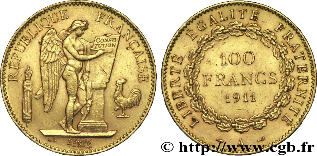 100 francs or Génie, tranche inscrite en relief Liberté Égalité Fraternité 1911 Paris F.553/5 TTB52 