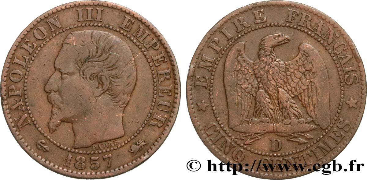 Cinq centimes Napoléon III, tête nue 1857 Lyon F.116/40 MB30 