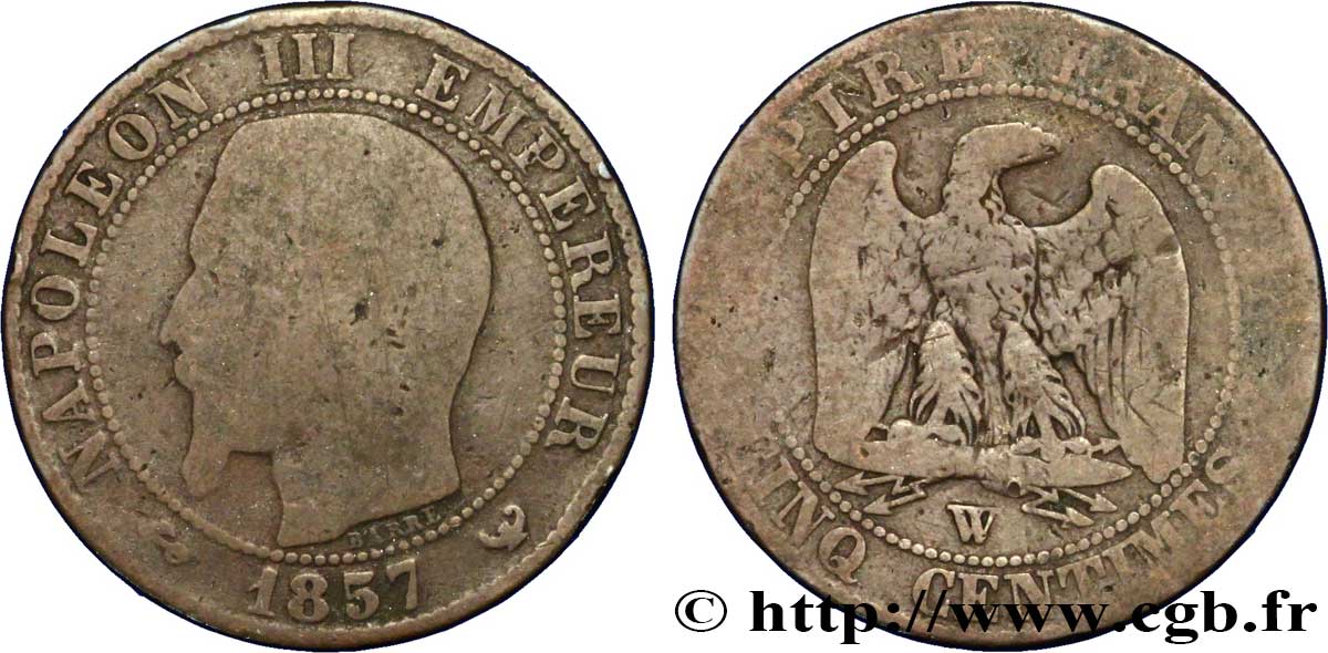 Cinq centimes Napoléon III, tête nue 1857 Lille F.116/43 B6 