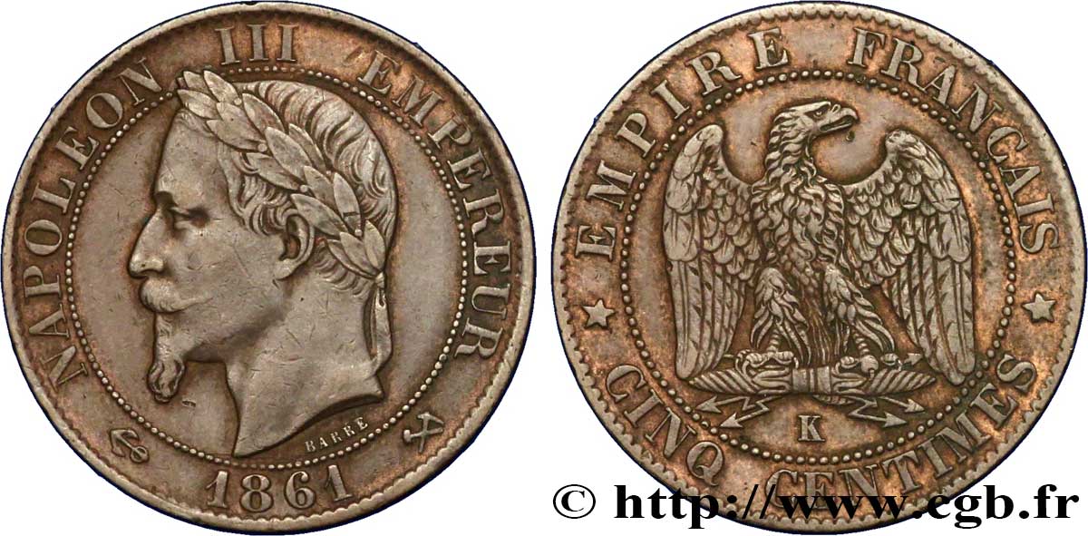Cinq centimes Napoléon III, tête laurée 1861 Bordeaux F.117/6 TTB50 