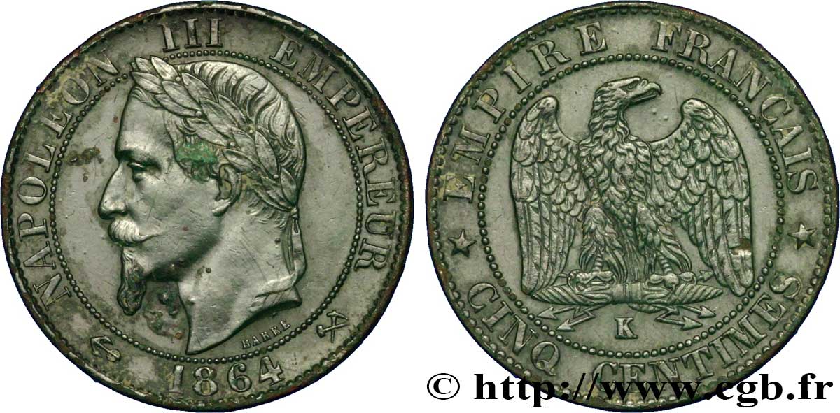 Cinq centimes Napoléon III, tête laurée 1864 Bordeaux F.117/15 TTB48 
