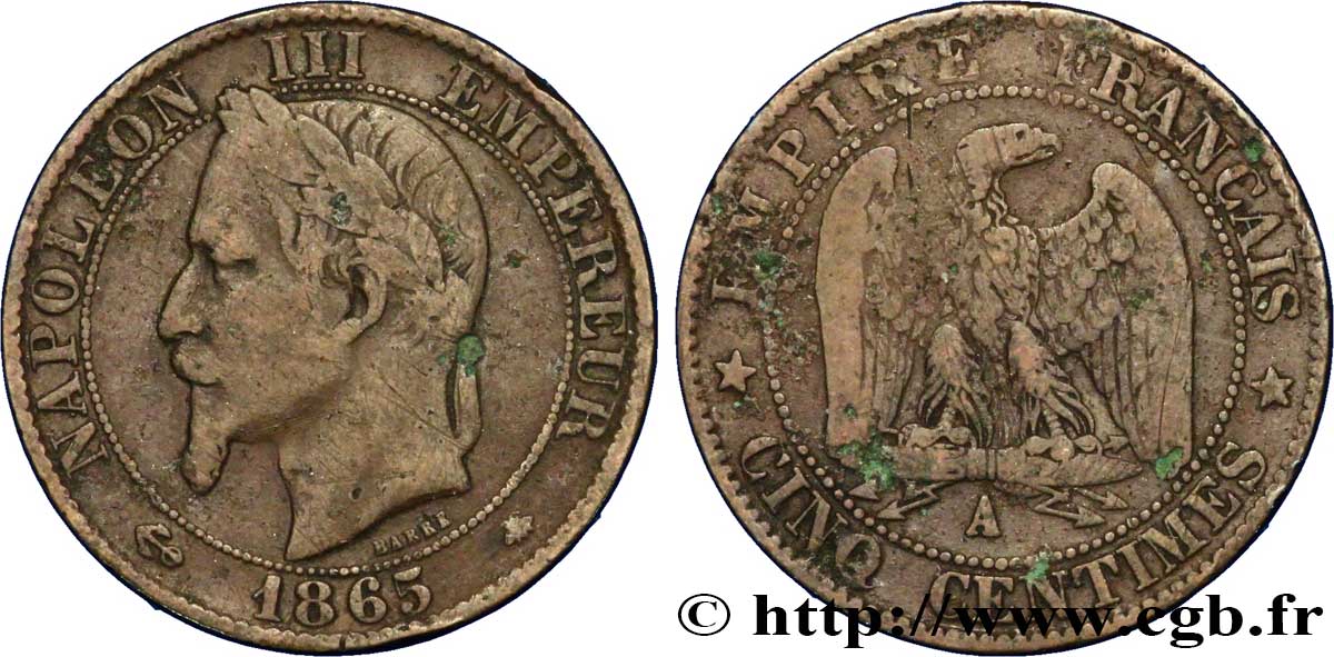 Cinq centimes Napoléon III, tête laurée 1865 Paris F.117/16 TB20 
