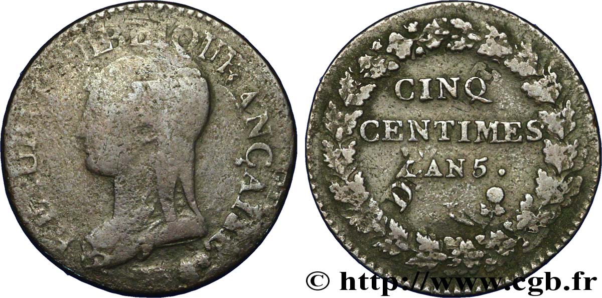 Cinq centimes Dupré, grand module,  refrappage  du décime 1797 Limoges F.114/8 F15 