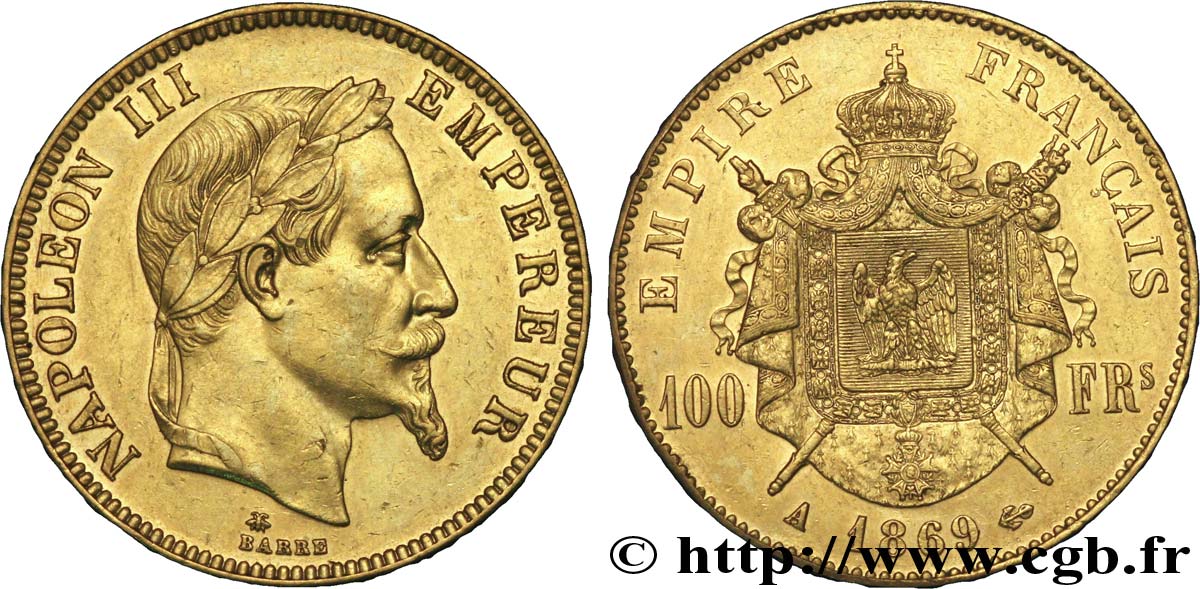 100 francs or Napoléon III, tête laurée 1869 Paris F.551/12 BB50 