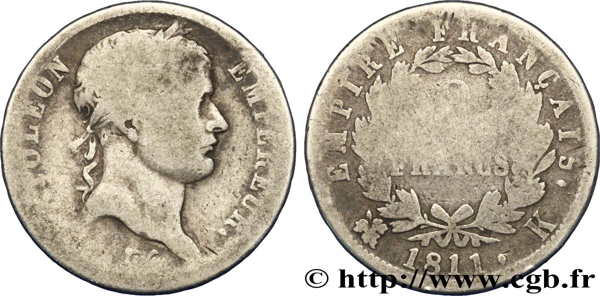 2 francs Napoléon Ier tête laurée, Empire français 1811 Bordeaux F.255/30 G5 