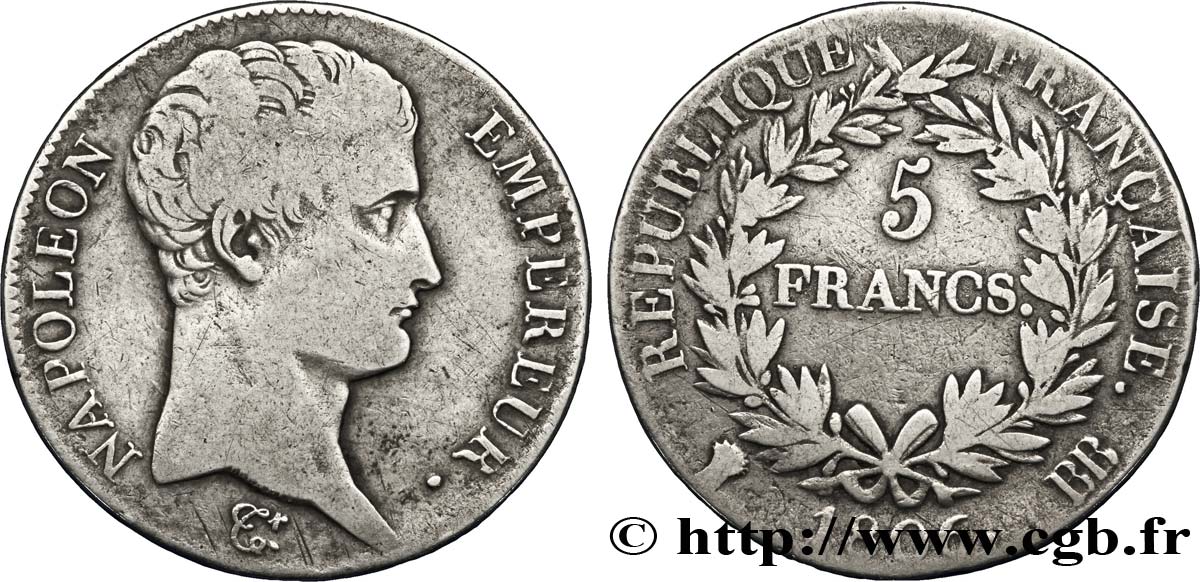 5 francs Napoléon Empereur, Calendrier grégorien 1806 Strasbourg F.304/3 VF28 