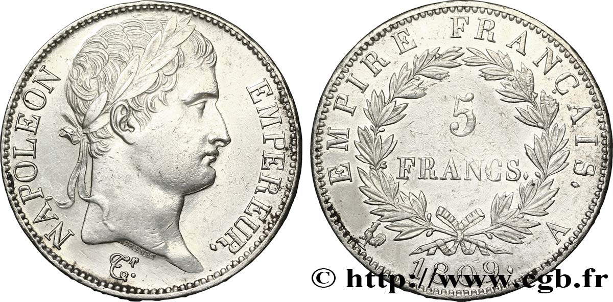 5 francs Napoléon Empereur, Empire français 1809 Rouen F.307/2 EBC 