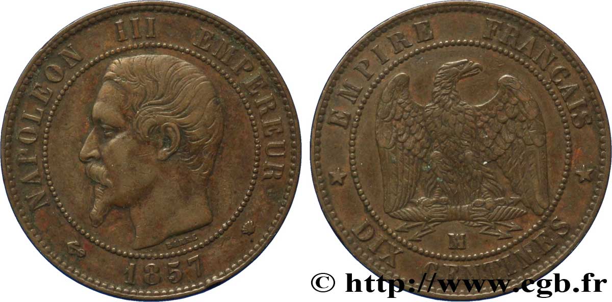Dix centimes Napoléon III, tête nue 1857 Marseille F.133/45 MBC50 
