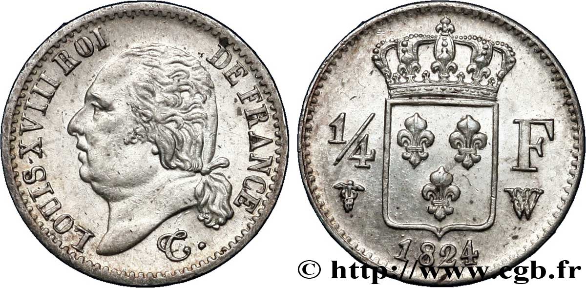 1/4 franc Louis XVIII  1824 Lille F.163/35 SUP60 