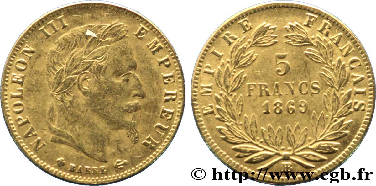 Faux de 5 francs or Napoléon III, tête laurée 1869 Strasbourg F.502/14 var. SUP58 