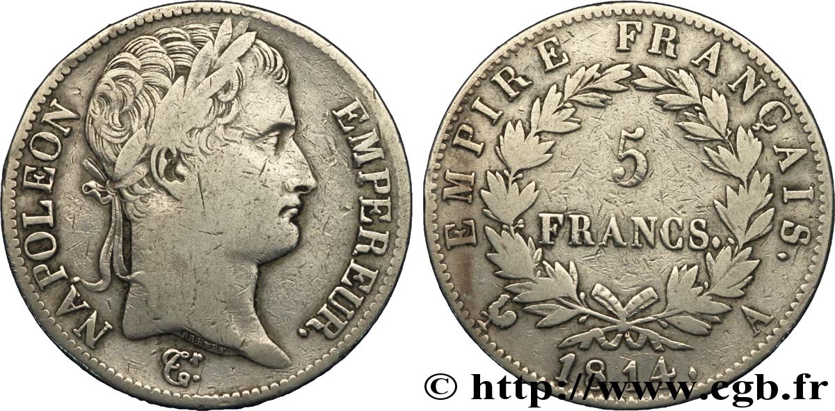 5 francs Napoléon Empereur, Empire français 1814 Paris F.307/76 TB25 