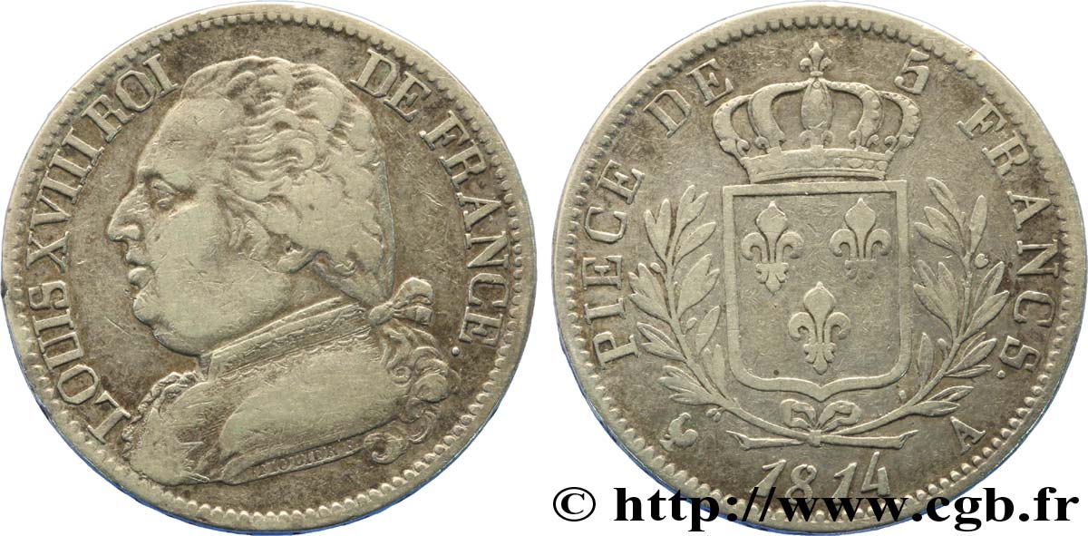 5 francs Louis XVIII, buste habillé 1814 Paris F.308/1 TB28 