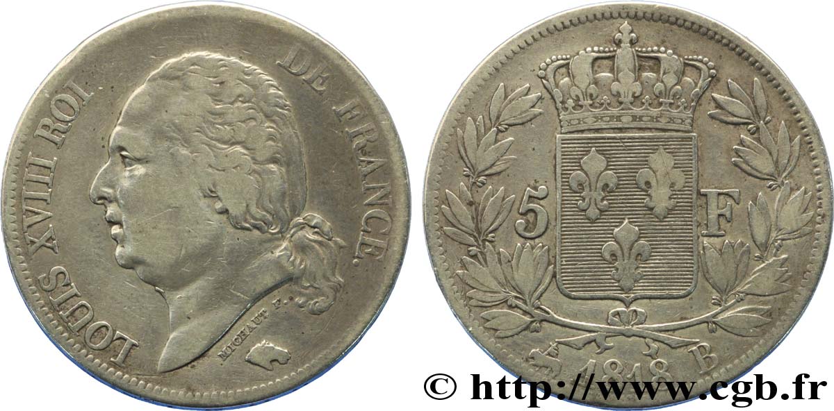 5 francs Louis XVIII, tête nue 1818 Rouen F.309/29 TB30 