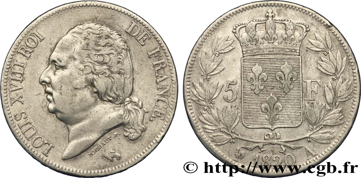 5 francs Louis XVIII, tête nue 1820 Paris F.309/49 VF35 