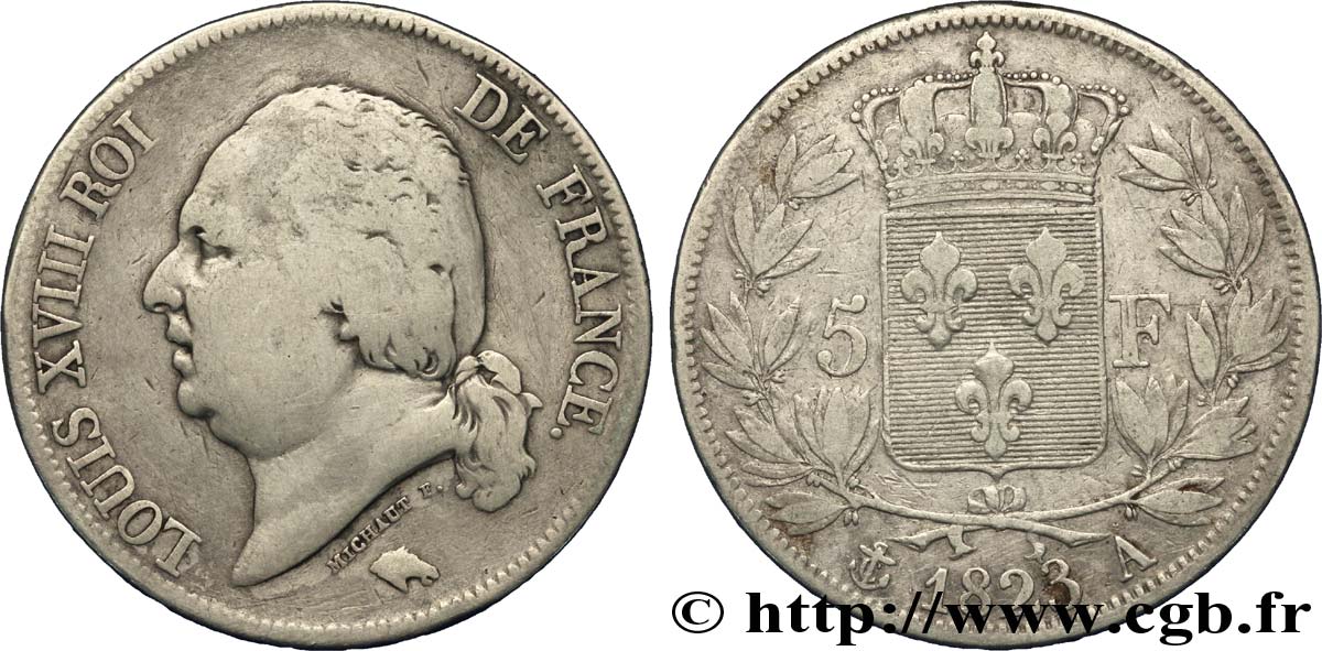 5 francs Louis XVIII, tête nue 1823 Paris F.309/76 B13 