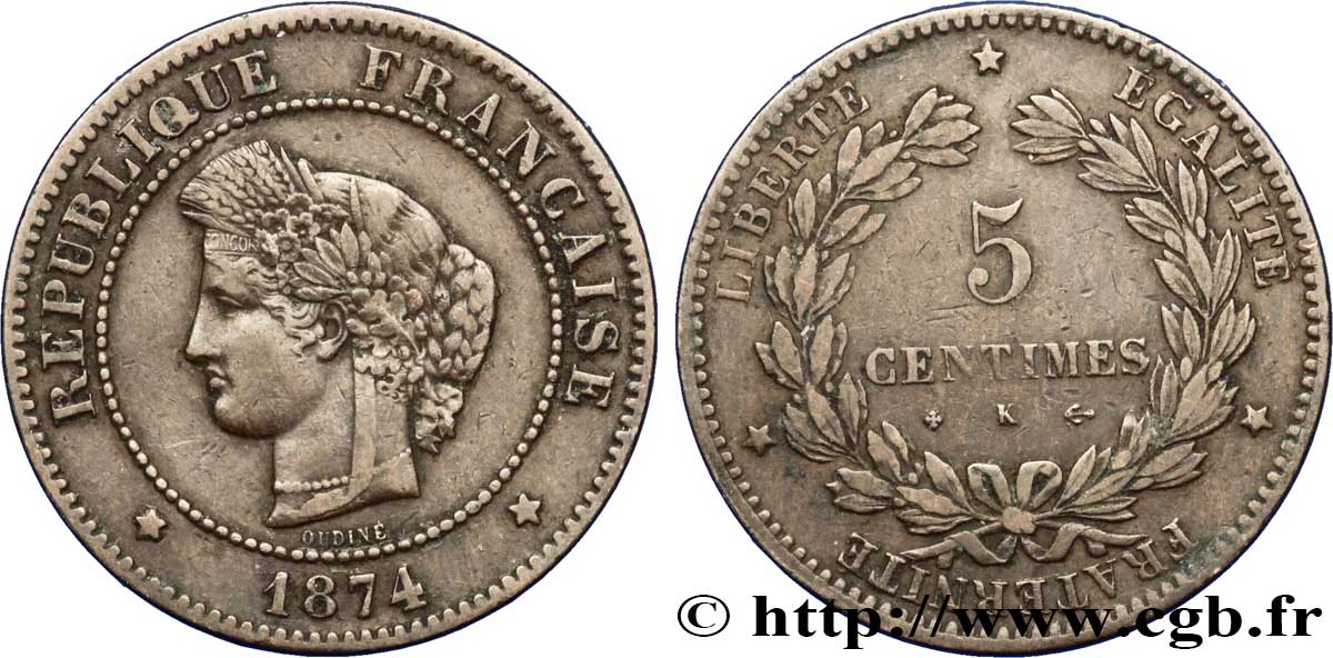 5 centimes Cérès 1874 Bordeaux F.118/10 TTB40 