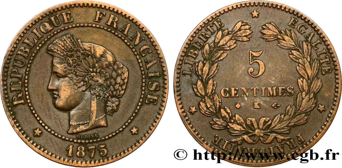 5 centimes Cérès 1875 Bordeaux F.118/12 TTB48 