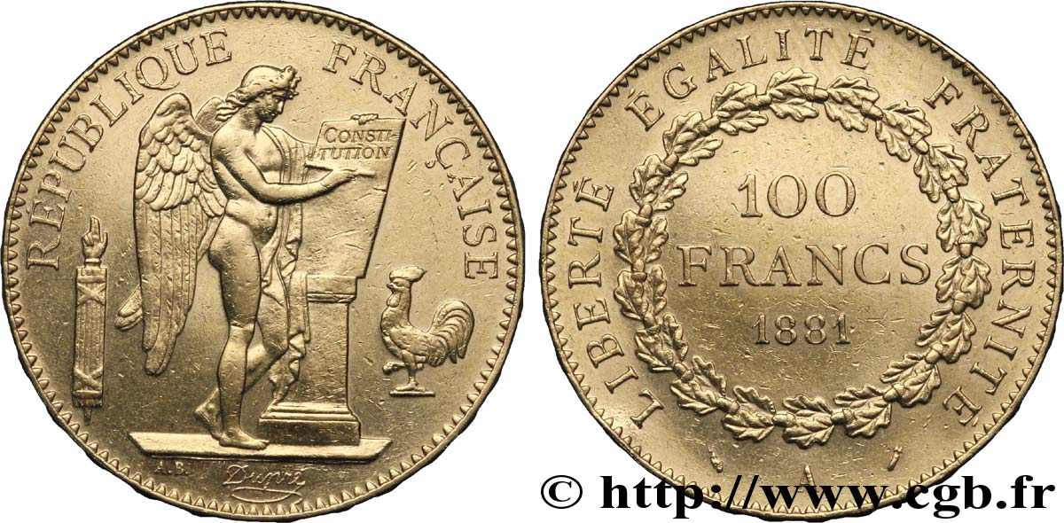 100 francs or Génie, tranche inscrite en relief Dieu protège la France 1881 Paris F.552/4 BB50 
