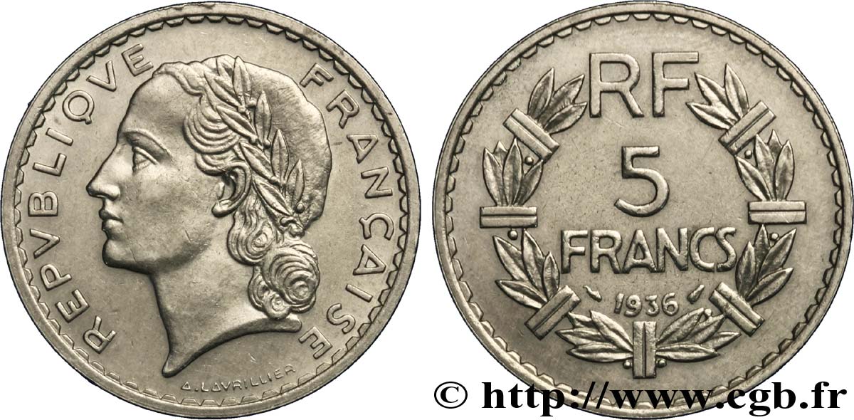 5 francs Lavrillier, nickel 1936  F.336/5 TTB52 