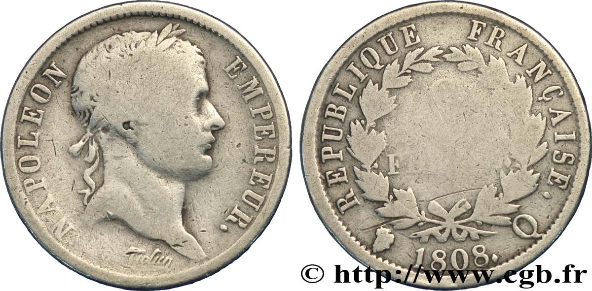 2 francs Napoléon Ier tête laurée, République française 1808 Perpignan F.254/11 RC12 