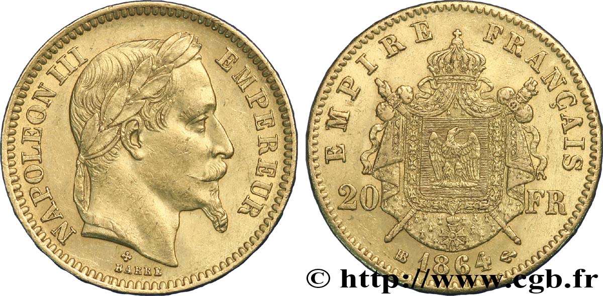 20 francs or Napoléon III, tête laurée 1864 Strasbourg F.532/9 BB50 