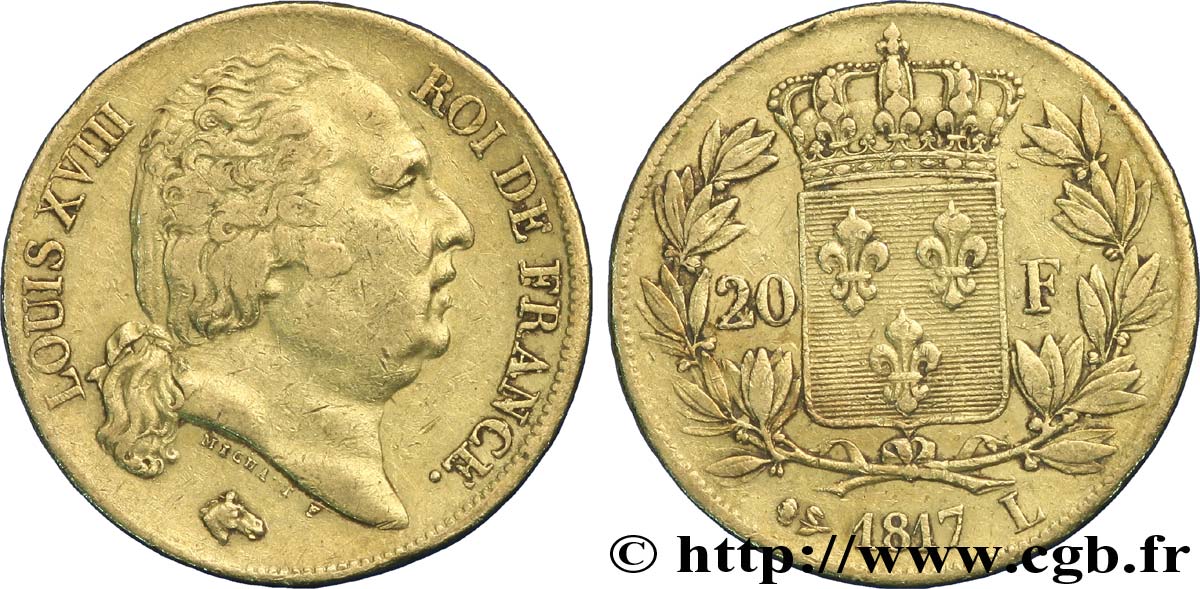 20 francs or Louis XVIII, tête nue 1817 Bayonne F.519/7 MBC40 
