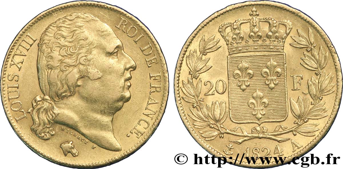 20 francs or Louis XVIII, tête nue 1824 Paris F.519/31 SUP55 