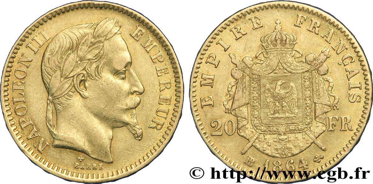 20 francs or Napoléon III, tête laurée, grand BB 1864 Strasbourg F.532/10 XF48 