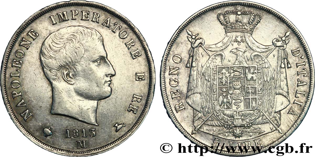 5 lire Napoléon Empereur et Roi d’Italie, 2ème type, tranche en creux 1813 Milan M.228  MBC50 