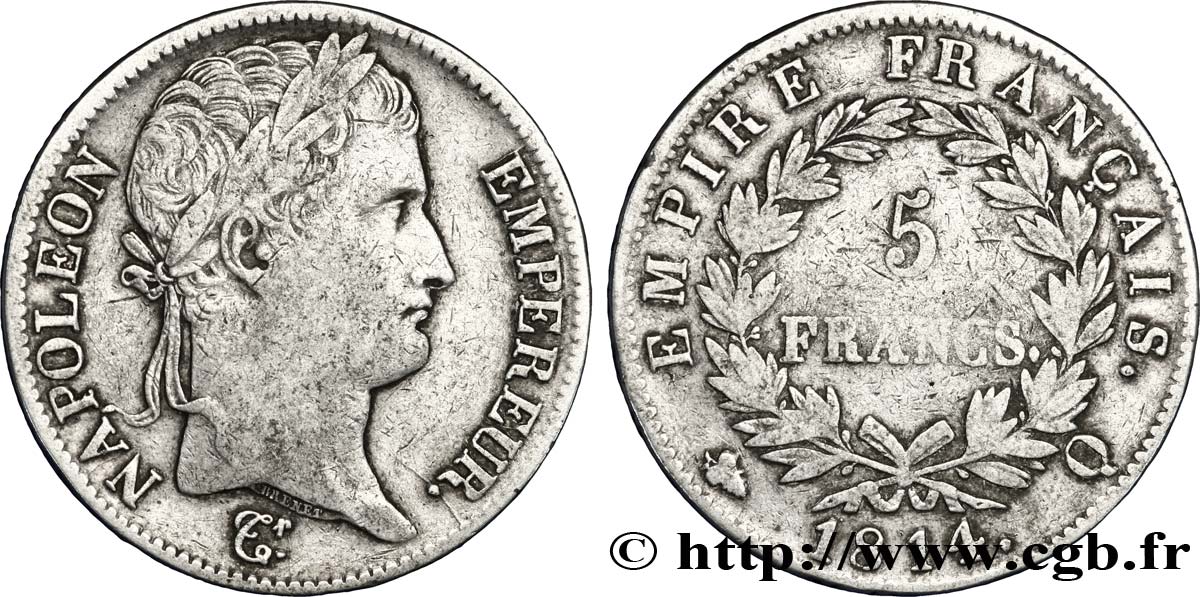5 francs Napoléon Empereur, Empire français 1814 Perpignan F.307/84 TB23 