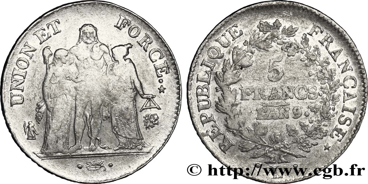 5 francs Union et Force, Union serré, avec glands intérieurs et gland extérieur 1801 Bayonne F.288/163 S30 