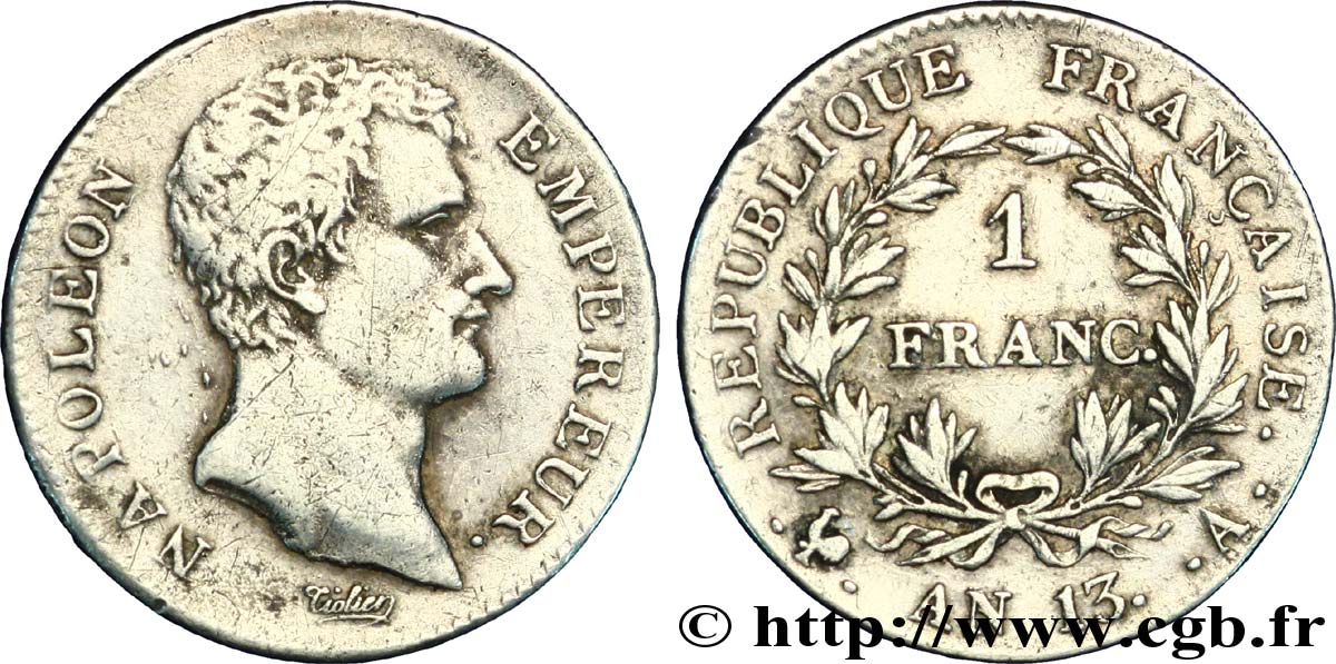 1 franc Napoléon Empereur, Calendrier révolutionnaire 1805 Paris F.201/14 TTB42 