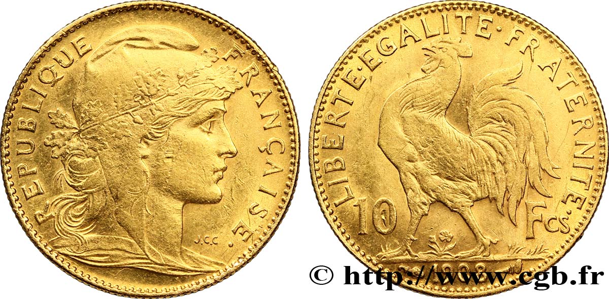 10 francs or Coq 1908 Paris F.509/9 TTB50 