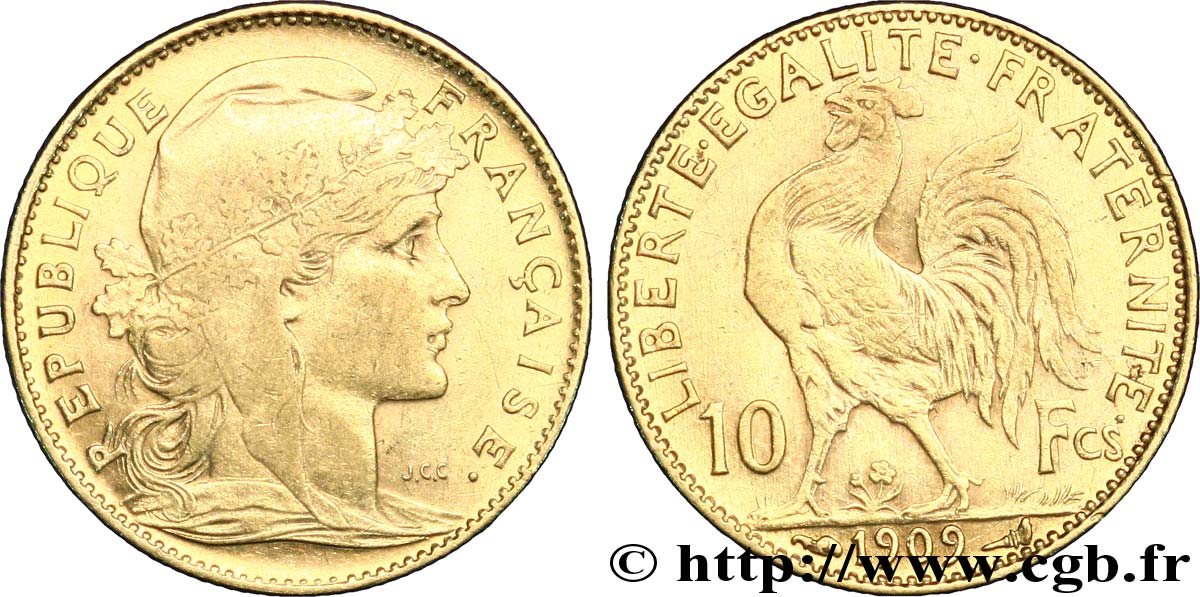 10 francs or Coq 1909 Paris F.509/10 SS52 