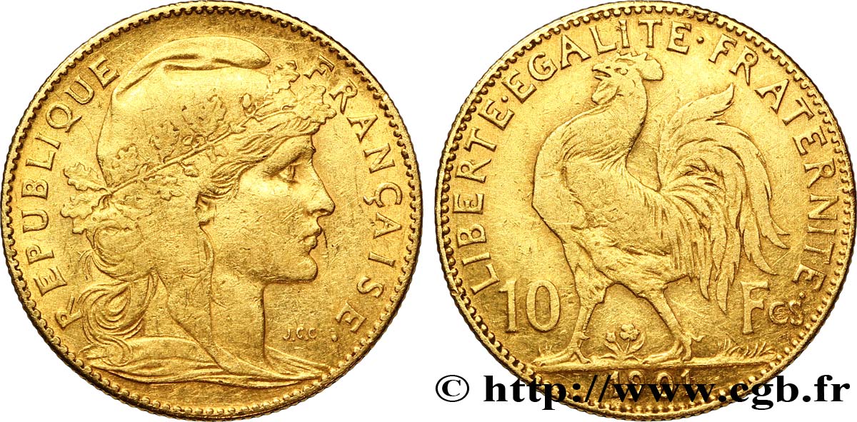 10 francs or Coq 1901 Paris F.509/5 AU50 