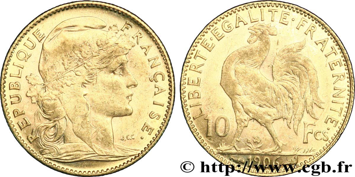 10 francs or Coq 1906 Paris F.509/7 EBC55 