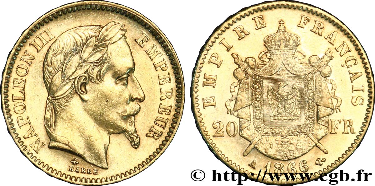 20 francs or Napoléon III, tête laurée 1866 Paris F.532/13 EBC55 