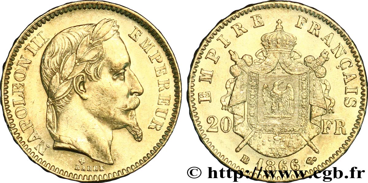 20 francs or Napoléon III, tête laurée 1866 Strasbourg F.532/14 BB50 