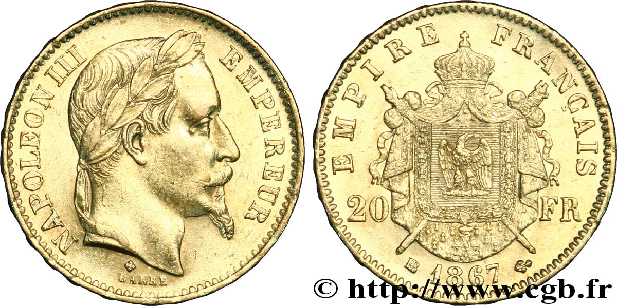 20 francs or Napoléon III, tête laurée, petit BB 1867 Strasbourg F.532/16 SUP58 