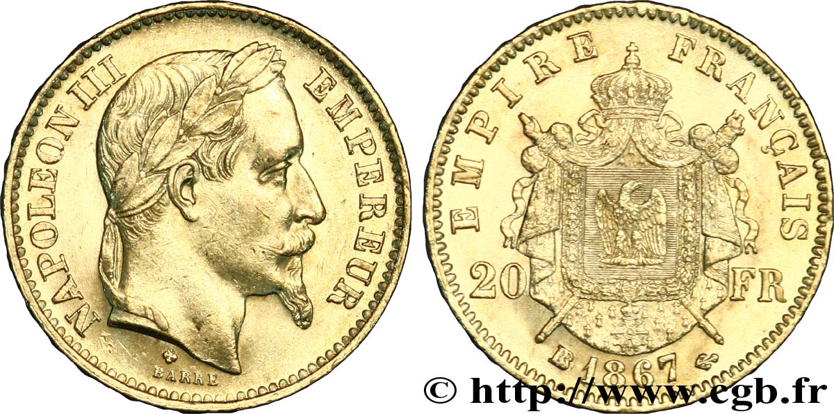 20 francs or Napoléon III, tête laurée, grand BB 1867 Strasbourg F.532/17 SUP55 