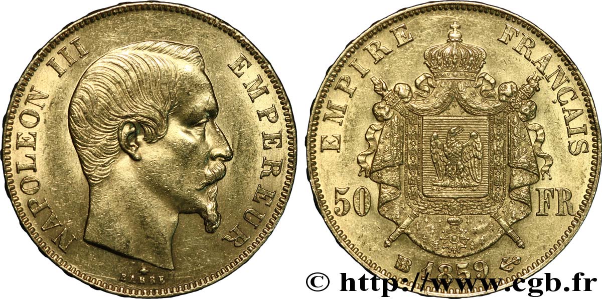 50 francs or Napoléon III, tête nue 1859 Strasbourg F.547/8 EBC55 