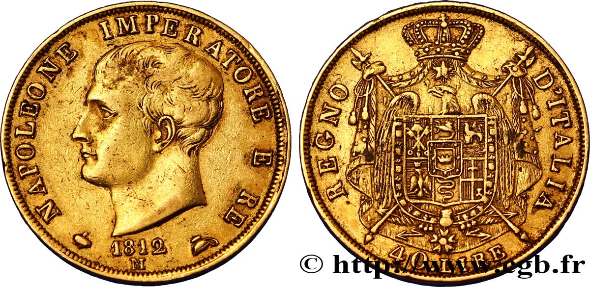 40 lire or Napoléon Empereur et Roi d’Italie, 2e type, tranche en creux 1812 Milan VG.1370  TTB48 