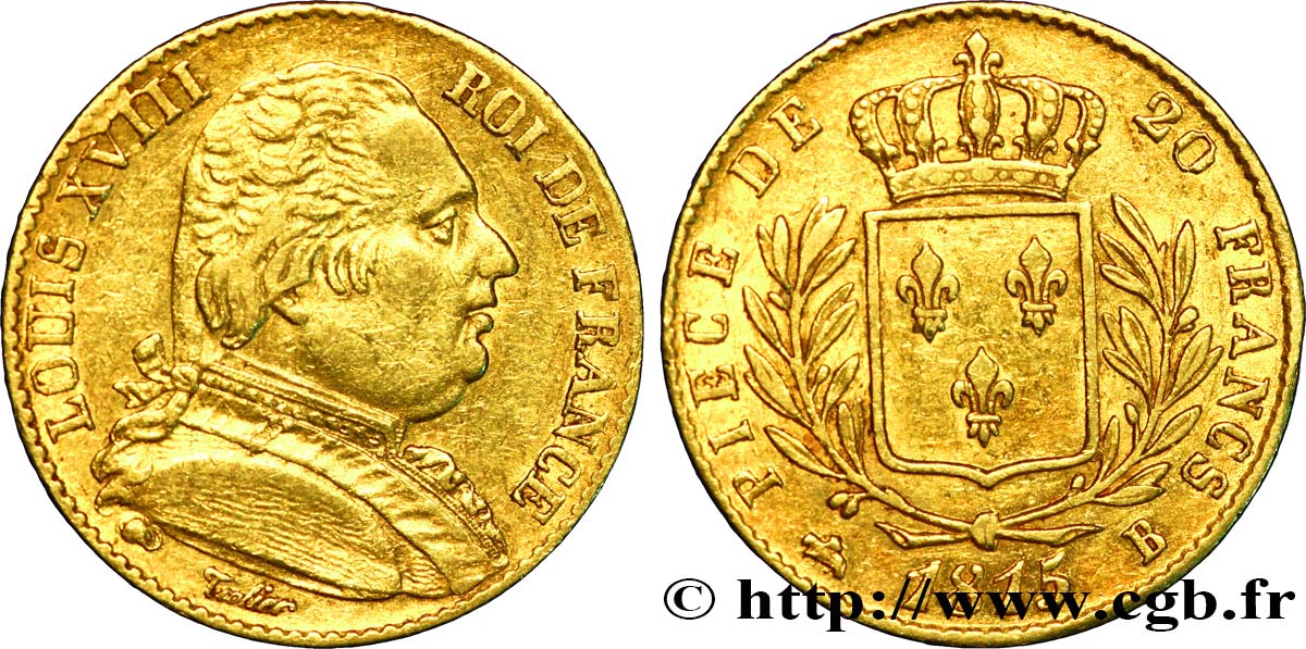 20 francs or Louis XVIII, buste habillé 1815 Rouen F.517/11 XF48 