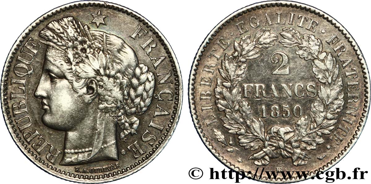 2 francs Cérès, IIe République 1850  Strasbourg F.261/5 AU50 